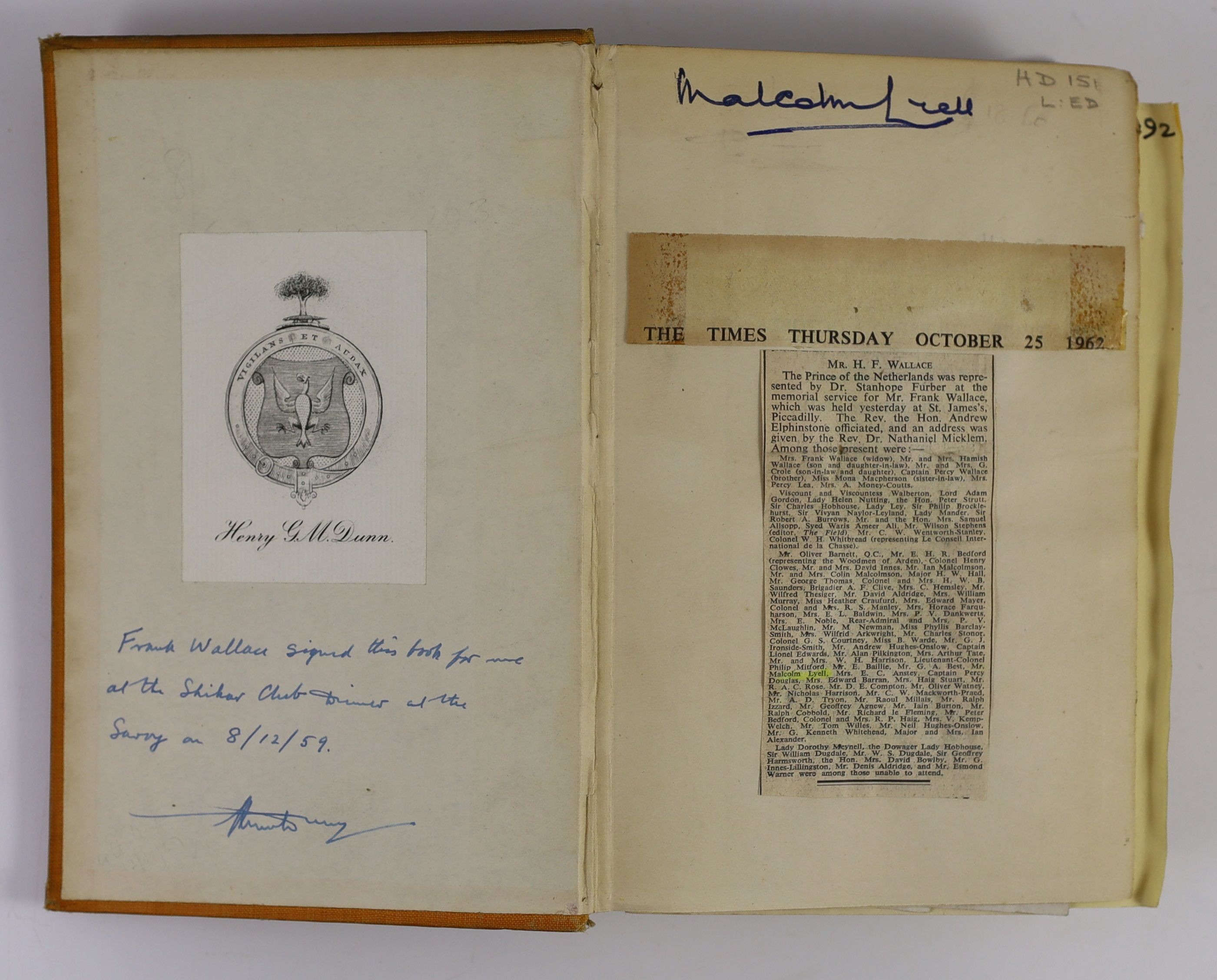 Wallace, Harold Frank. The Big Game of Central and Western China Being an Account of a Journey from Shanghai to London Overland Across the Gobi Desert. London, 1913. Original cloth binding rubbed and worn, the rear spine
